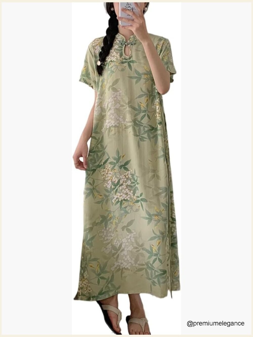 Chinese Style Retro A-Line Short Sleeve Midi Dress Loose Fit